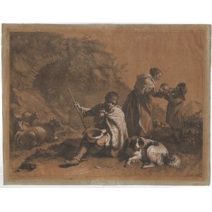 Francesco Londonio (Milano, 1723 - 1783), Seated Shepherd Boy and Woman Giving a Child a Drink