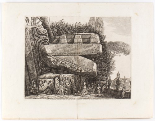 Luigi Rossini (Ravenna, 1790 - Roma, 1857), Veduta dei grandiosissimi avanzi del Tempio di Giove,dal volgo il frontespizio di Nerone sul Monte Quirinale negl'orti Colonna