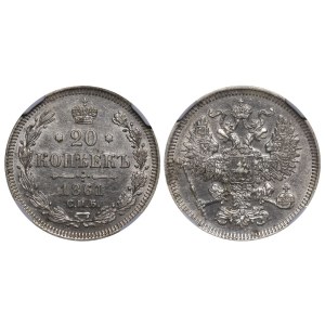 Russian Empire, 20 Kopecks, 1861 year, SPB, NGC, UNC DETAILS