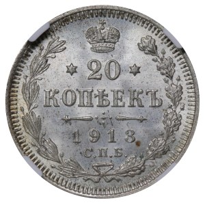 Cesarstwo Rosyjskie, 20 kopiejek, rok 1913, SPB-VS, NGC, MS 67