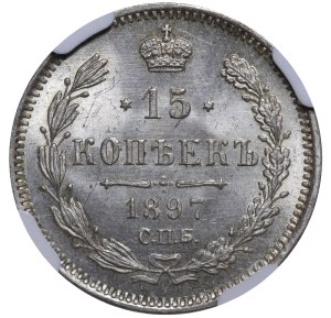 Russian Empire, 15 Kopecks, 1897 year, (С.П.Б.-АГ), NGC, MS 66