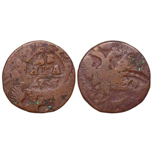 Ruské impérium, 1 denga, rok 1747, minca vyrazená dvakrát s použitím reverznej raznice