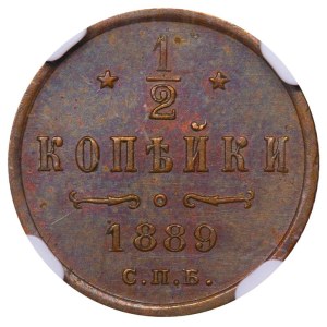 Russian Empire, ½ Kopeck, 1889 year, SPB, NGC, AU 55 BN