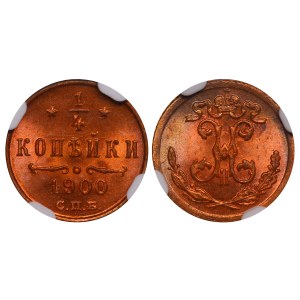 Russian Empire, ¼ Kopeck, 1900 year, SPB, NGC, MS 65 RB