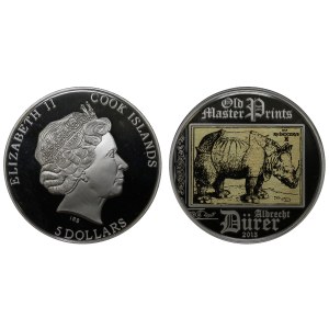 Cook Islands, 5 Dollars, 2013 year, Albrecht Durer: Rhinoceros