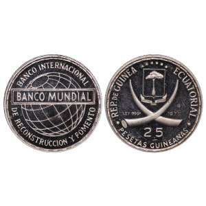 Rovníková Guinea, 25 peset, rok 1970, 25. výročí založení Světové banky