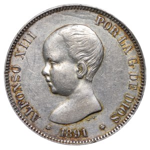 Španělsko, 5 peset, rok 1891, P G M