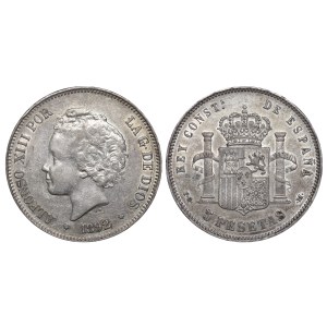 Španielsko, 5 pesiet, rok 1892, P G M