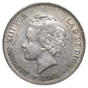 Španielsko, 5 pesiet, rok 1892, P G M