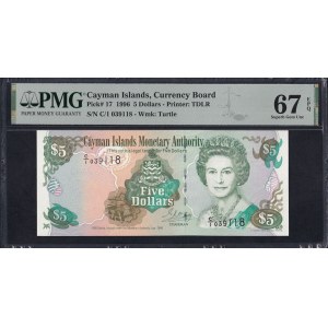 Kajmanské ostrovy, 5 dolarů, 1996, Superb Gem UNC 67 EPQ