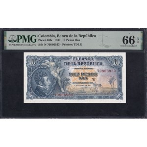 Colombia, 10 Pesos Oro, 1961, Gem UNC 66 EPQ, TOP POP