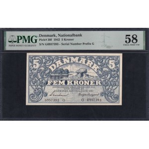 Dánsko, 5 korún, 1942, stav Choice, približne UNC 58