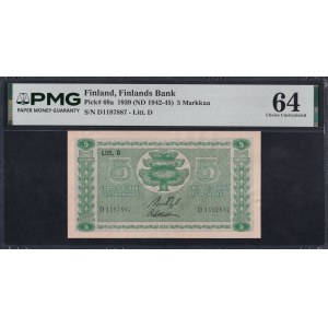 Finland, 5 Markkaa, 1939 (1942-45), Choice UNC 64
