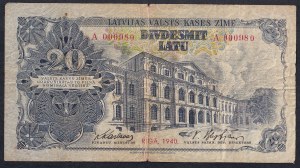 Latvia, 20 Latu, 1940, F