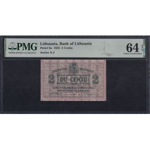 Lituanie, 2 centu, 1922, UNC 64 EPQ « Choice »