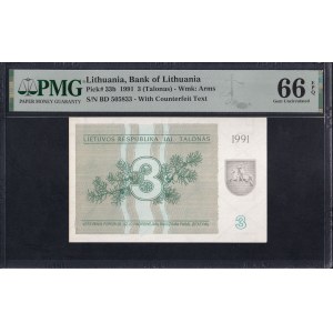 Lituanie, 3 talons, 1991, Gem UNC 66 EPQ