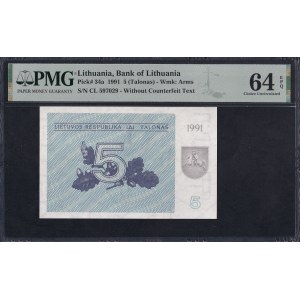 Lithuania, 5 Talonas, 1991, Choice UNC 64 EPQ