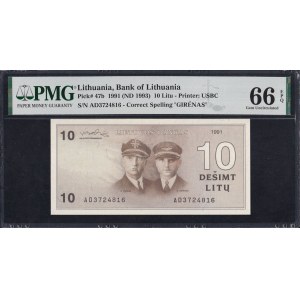 Litva, 10 litů, 1991 (1993), Gem UNC 66 EPQ