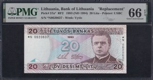 Lithuania, 20 Litu, 1993 (1994), Gem UNC 66 EPQ, Replacement