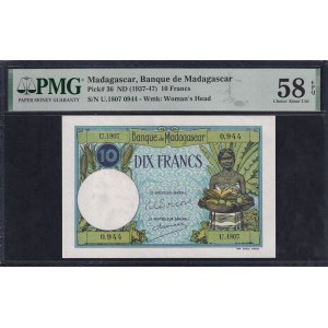 Madagaskar, 10 Francs, 1937–47, sehr gut bis fast neuwertig (UNC 58) EPQ