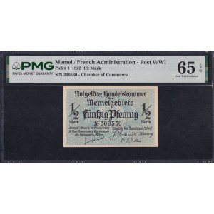 Memel, 1/2 Mark, 1922, Gem UNC 65 EPQ