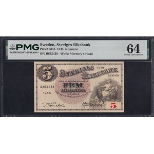 Švédsko, 5 korún, 1945, výberová kvalita UNC 64