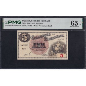 Sweden, 5 Kronor, 1948, Gem UNC 65 EPQ