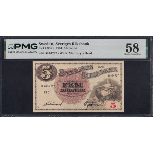 Švédsko, 5 korún, 1951, stav Choice približne UNC 58