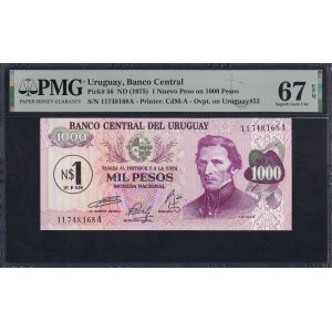 Uruguay, 1 nuevo peso na bankovce v hodnotě 1 000 pesos, 1975, vynikající kvalita Gem, UNC 67 EPQ