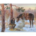 Jerzy KOSSAK (1886-1955), « Repos d'un uhlan près d'un feu de camp » (1937)