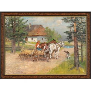 Mieczysław KRZYŻAK (1914-1984), Coppia di cavalli su un carro
