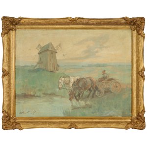 Roman BREITENWALD (1911-1985), « Une charrette près de l'abreuvoir »