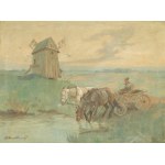 Roman BREITENWALD (1911-1985), « Une charrette près de l'abreuvoir »