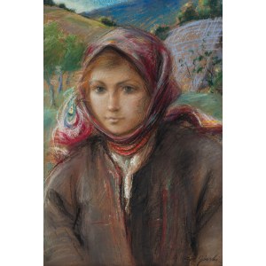 Stanisław Górski (1887, Kościan – 1955, Kraków), A Highlander Woman Against a Mountain Backdrop
