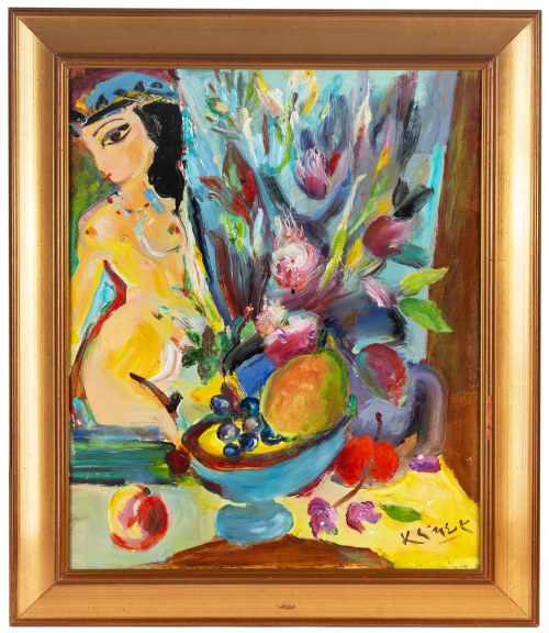 Ludwik Klimek (1912 Skoczów - 1992 Nicea), Kobieta z koszem owoców i kwiatami