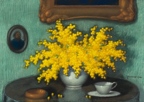 Marian Szczerbiński (1900-1981), Mimozy z porcelanową filiżanką