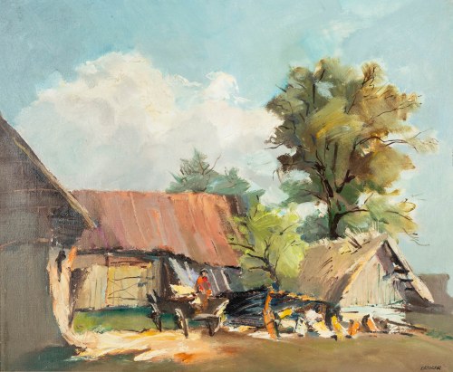Stanisław Jan Łazorek (1938 Aksamanice-2000 Kazimierz Dolny), Przed wiejską zagrodą