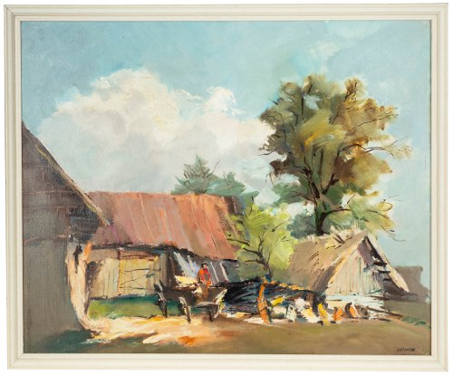 Stanisław Jan Łazorek (1938 Aksamanice-2000 Kazimierz Dolny), Przed wiejską zagrodą
