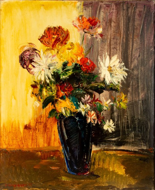 Józef Wasiołek (1921 Smarglin - 2008 Łódź), Bukiet chryzantem w wazonie, 1975 r.
