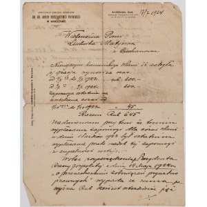 LETTRE, SECRÉTARIAT GÉNÉRAL DE LA COMTESSE JANINA POTOCKA, Varsovie, 1924