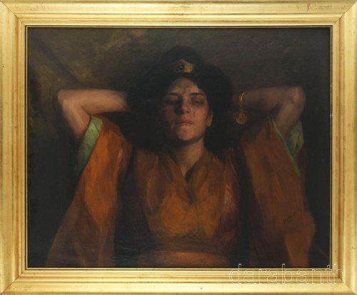 Rottmann Mozart (1874-1961): Merengő. Olaj, vászon. Jelzett. Hátoldalán kissé töredékes XX. sz. elej raglappal. Dekoratív fakeretben. 56x70 cm.