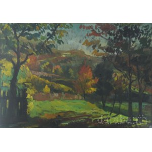 Incze István (1905-1978): Erdélyi táj. Olaj, karton, jelezve jobbra lent, üvegezett fakeretben, 50×67 cm / oil on board, signed lower right, framed