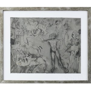 Vinkler László (1912-1980): Mitológiai jelenet. Tus, papír, jelzett. Üvegezett fakeretben. 24×31 cm.
