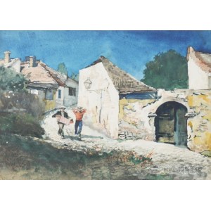 Mühlbeck Károly (1869-1943): Tabáni részlet zenélő matrózokkal. Akvarell, papír, jelzett. Dekoratív, üvegezett fakeretben, hátoldalán Hoffmann Ferencz budapesti keretező 1930-40 körüli címkéjével. 20x27 cm