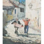 Mühlbeck Károly (1869-1943): Tabáni részlet zenélő matrózokkal. Akvarell, papír, jelzett. Dekoratív, üvegezett fakeretben, hátoldalán Hoffmann Ferencz budapesti keretező 1930-40 körüli címkéjével. 20x27 cm