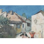 Mühlbeck Károly (1869-1943): Tabáni részlet zenélő matrózokkal. Akvarell, papír, jelzett. Dekoratív, üvegezett fakeretben, hátoldalán Hoffmann Ferencz budapesti keretező 1930-40 körüli címkéjével. 20x27 cm