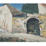 Mühlbeck Károly (1869-1943): Tabáni részlet zenélő matrózokkal. Akvarell, papír, jelzett. Dekoratív, üvegezett fakeretben, hátoldalán Hoffmann Ferencz budapesti keretező 1930-40 körüli címkéjével. 20x27 cm