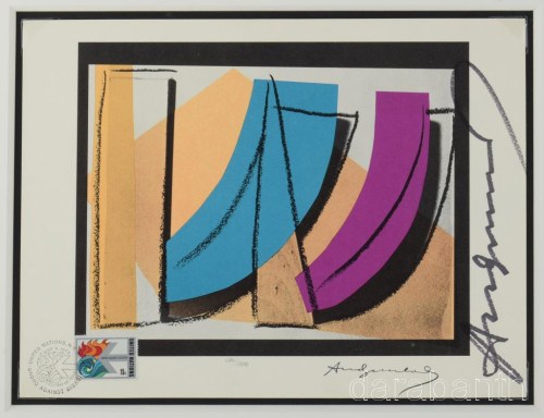 Andy Warhol (1928-1987): U.N. Stamp, 1979. Ofszet litográfia, papír, bélyeg és bélyegzés, jelezve jobbra középen: Andy Warhol, jelezve jobbra lent nyomtatva: Andy Warhol, számozott: 682/1000. Hátoldalán 
