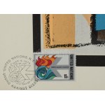 Andy Warhol (1928-1987): U.N. Stamp, 1979. Ofszet litográfia, papír, bélyeg és bélyegzés, jelezve jobbra középen: Andy Warhol, jelezve jobbra lent nyomtatva: Andy Warhol, számozott: 682/1000. Hátoldalán World Federation of United Nations Associations cac