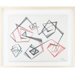 Lehel István (1917-1973): Geometrikus kompozíció, 1963. Akril, papír, jelzett, üvegezett fakeretben, 45x58 cm